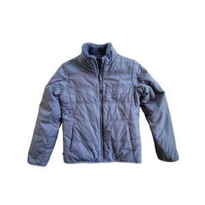 Athleta Girls Reversible Warm + Fuzzy Quilted Puffer Jacket Stormy Sky Blue SM